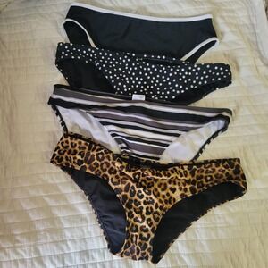 Set of 4 Bikini Bottoms Sz L Black Brown Leopard Print High Rise Ruched Swimwear